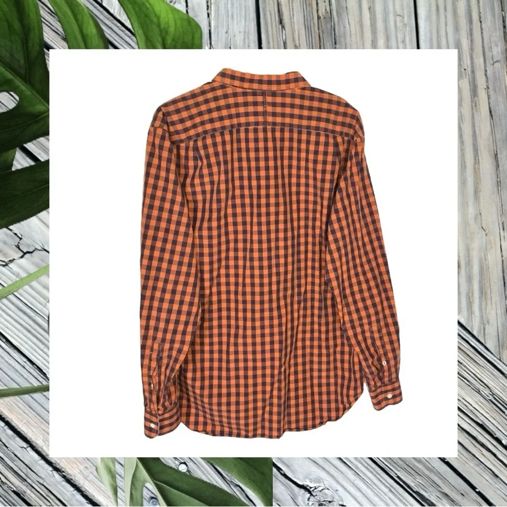 Banana Republic Orange & Navy Checked Long-Sleeved Button Shirt Men Size Large